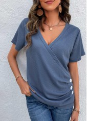Dusty Blue tops,Plain Color tops,Button Dusty Blue V Neck T Shirt