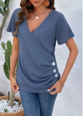Dusty Blue tops,Plain Color tops,Button Dusty Blue V Neck T Shirt