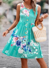 Mint Green dresses,Floral dresses,Button Floral Print Mint Green Short Dress