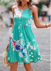 Mint Green dresses,Floral dresses,Button Floral Print Mint Green Short Dress