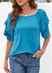 Sky Blue tops,Plain Color tops,Ruched Sky Blue Boat Neck Short Sleeve Blouse
