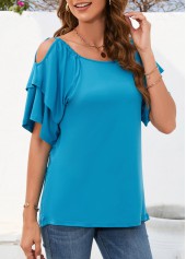 Sky Blue tops,Plain Color tops,Ruched Sky Blue Boat Neck Short Sleeve Blouse
