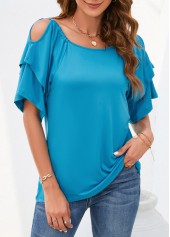 Sky Blue tops,Plain Color tops,Ruched Sky Blue Boat Neck Short Sleeve Blouse