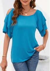 Sky Blue tops,Plain Color tops,Ruched Sky Blue Boat Neck Short Sleeve Blouse