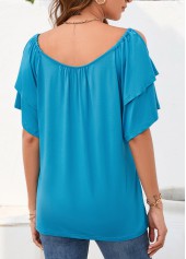 Sky Blue tops,Plain Color tops,Ruched Sky Blue Boat Neck Short Sleeve Blouse