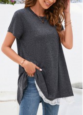 Dark Grey tops,Plain Color tops,Lace Dark Grey Round Neck T Shirt