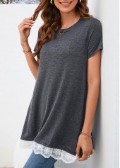 Dark Grey tops,Plain Color tops,Lace Dark Grey Round Neck T Shirt