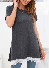 Dark Grey tops,Plain Color tops,Lace Dark Grey Round Neck T Shirt