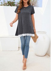 Dark Grey tops,Plain Color tops,Lace Dark Grey Round Neck T Shirt
