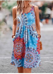 Pleated Tribal Print Blue Short H Shape Dress