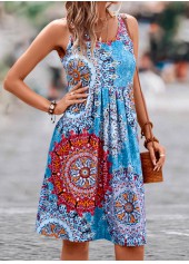Blue dresses,Tribal dresses,Pleated Tribal Print Blue Short H Shape Dress