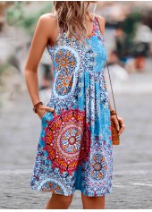 Blue dresses,Tribal dresses,Pleated Tribal Print Blue Short H Shape Dress