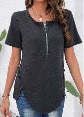 Dark Grey tops,Plain Color tops,Zipper Dark Grey Round Neck T Shirt