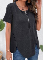 Dark Grey tops,Plain Color tops,Zipper Dark Grey Round Neck T Shirt
