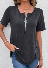 Zipper Dark Grey Round Neck T Shirt