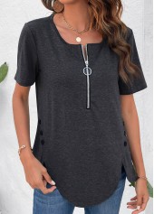 Dark Grey tops,Plain Color tops,Zipper Dark Grey Round Neck T Shirt