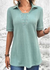 Mint Green tops,Plain Color tops,ROTITA Eyelet Mint Green Shirt Collar Short Sleeve Blouse