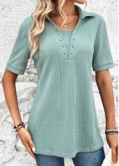 Mint Green tops,Plain Color tops,ROTITA Eyelet Mint Green Shirt Collar Short Sleeve Blouse