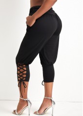 Black bottoms,Plain Color bottoms,Lace Up Black Elastic Waist Jogger Pants