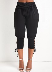 Black bottoms,Plain Color bottoms,Lace Up Black Elastic Waist Jogger Pants