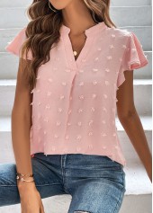 Light Pink tops,Plain Color tops,Split Light Pink V Neck T Shirt
