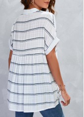 White tops,Striped tops,Geometric tops,Split Striped White Short Sleeve Blouse