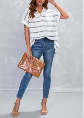 White tops,Striped tops,Geometric tops,Split Striped White Short Sleeve Blouse