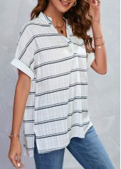 White tops,Striped tops,Geometric tops,Split Striped White Short Sleeve Blouse