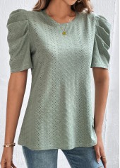 Sage Green tops,Plain Color tops,Smocked Sage Green Round Neck T Shirt