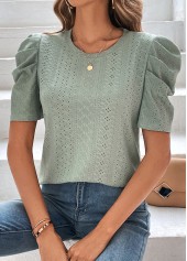 Sage Green tops,Plain Color tops,Smocked Sage Green Round Neck T Shirt