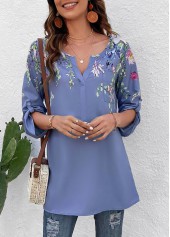 Dusty Blue tops,Floral tops,Plants tops,Animal Print tops,Button Floral Print Dusty Blue Split Neck Blouse
