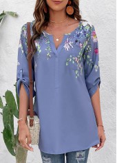 Button Floral Print Dusty Blue Split Neck Blouse