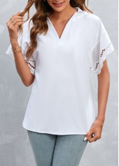 White tops,Plain Color tops,Patchwork White V Neck Short Sleeve T Shirt
