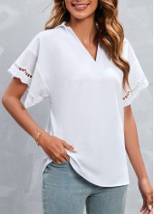 White tops,Plain Color tops,Patchwork White V Neck Short Sleeve T Shirt