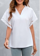 White tops,Plain Color tops,Patchwork White V Neck Short Sleeve T Shirt