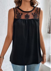 Black tops,Plain Color tops,Patchwork Black Round Neck Sleeveless Tank Top