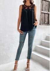Black tops,Plain Color tops,Patchwork Black Round Neck Sleeveless Tank Top