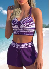 Purple swimwear,Tribal swimwear,Geometric swimwear,ROTITA Metal Ring Purple Tribal Print Bikini Top