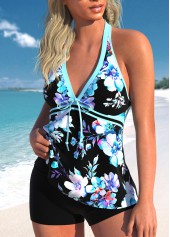 Cyan swimwear,Floral swimwear,Plants swimwear,ROTITA Bowknot Cyan Floral Print Tankini Top