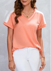 Dusty Pink tops,Contrast Color tops,Patchwork Dusty Pink V Neck T Shirt