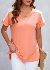 Dusty Pink tops,Contrast Color tops,Patchwork Dusty Pink V Neck T Shirt