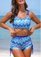 Light Blue swimwear,Striped swimwear,Geometric swimwear,Drawstring Light Blue Wave Pattern Print Bikini Set