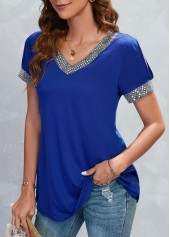 Blue tops,Plain Color tops,Patchwork Blue V Neck Short Sleeve T Shirt