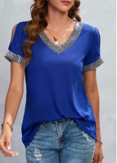 Blue tops,Plain Color tops,Patchwork Blue V Neck Short Sleeve T Shirt