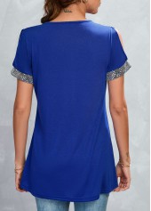 Blue tops,Plain Color tops,Patchwork Blue V Neck Short Sleeve T Shirt