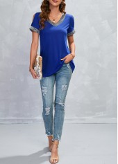 Blue tops,Plain Color tops,Patchwork Blue V Neck Short Sleeve T Shirt