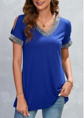 Patchwork Blue V Neck Short Sleeve T Shirt