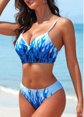 Blue swimwear,Graphic swimwear,Three-piece Blue Fire Print Mid Waisted Bikini Set