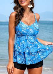 Blue swimwear,Paisley swimwear,Floral swimwear,Layered Blue Paisley Print Mid Waisted Tankini Set