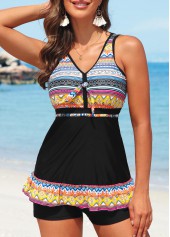 Black swimwear,Striped swimwear,Geometric swimwear,Dot swimwear,Tribal swimwear,Criss Cross Black Striped Mid Waisted Tankini Set